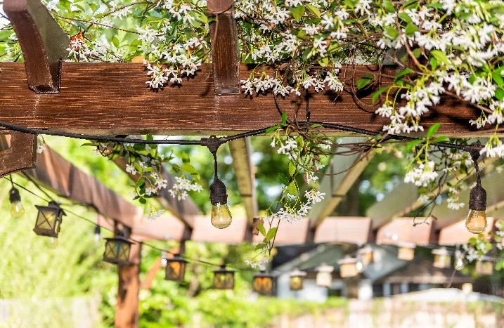 Pergola aus Holz mit Lichtern und Blüten